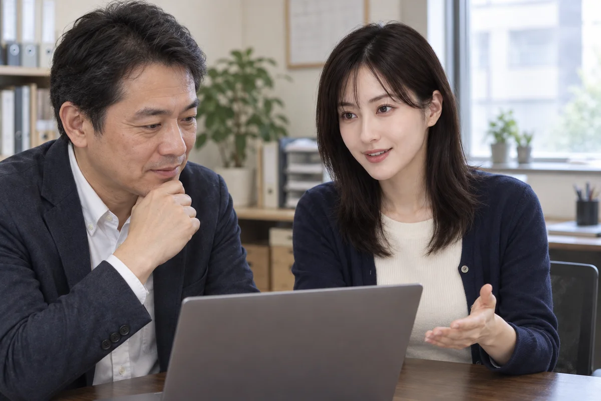 天野伊万里が社長の隣で、PCを見ながら説明するイメージ