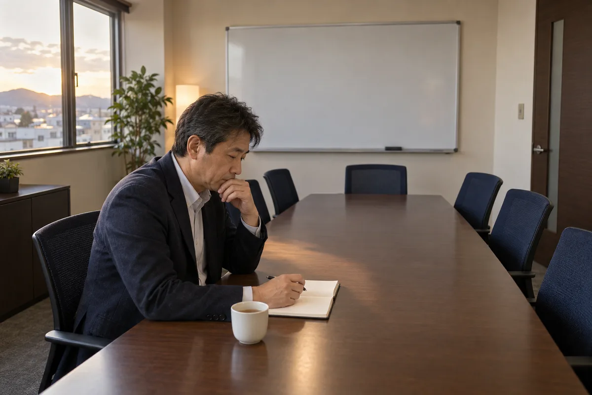 社長と空席の並ぶ会議室のイメージ