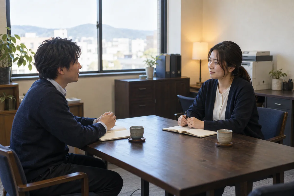 ノートと湯呑みを囲んで相談が始まるイメージ